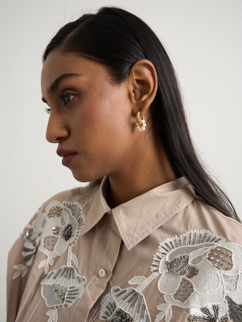 Beige Embroidered Button-Down Cotton Midi Shirt Dress