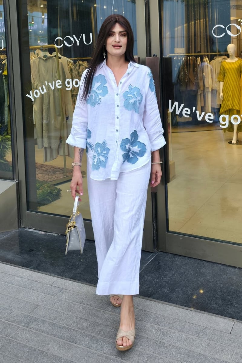 White Linen Shirt with Blue Floral Applique