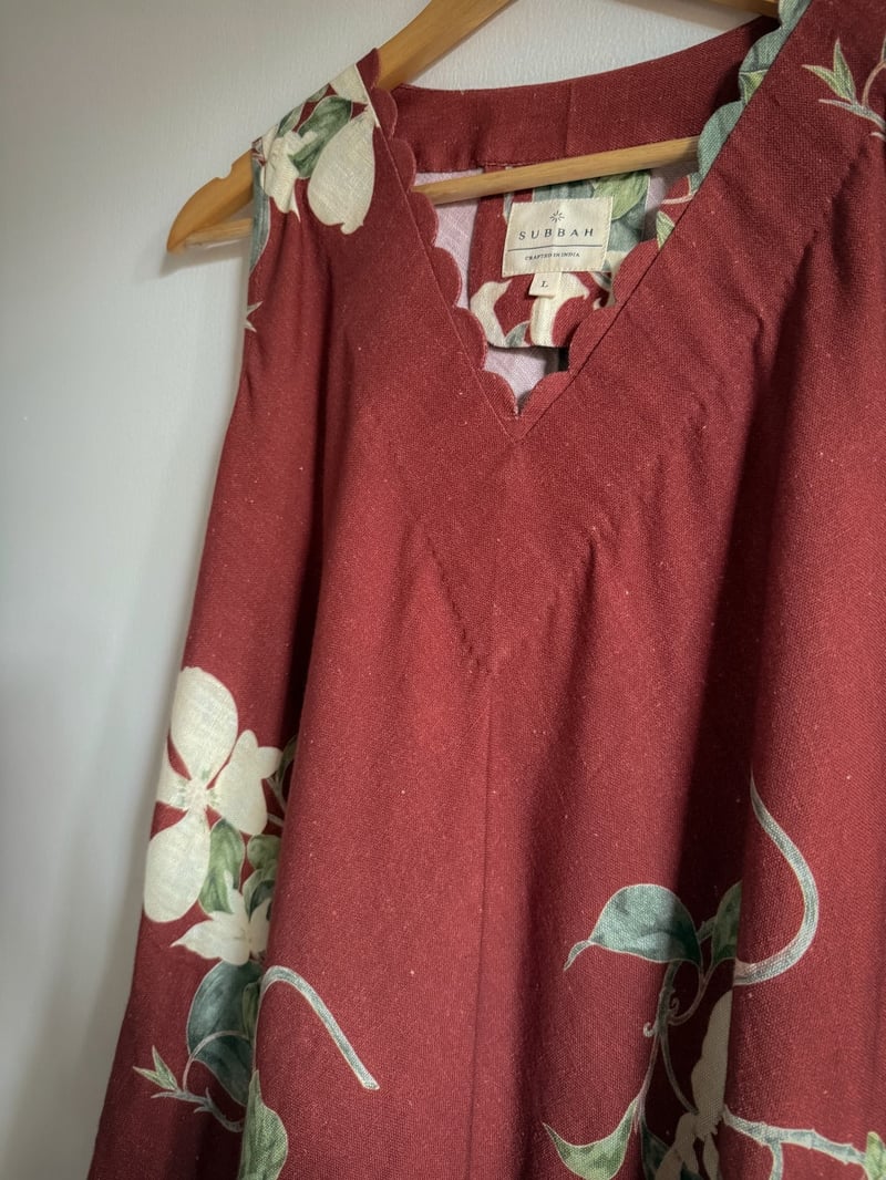 Rust Floral Khadi Midi Dress with Scallop V-Neck