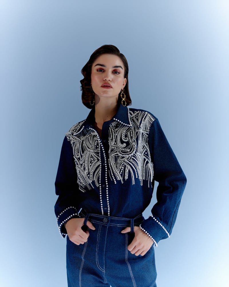 Blue Denim Pearl Embellished Button-Down Shirt