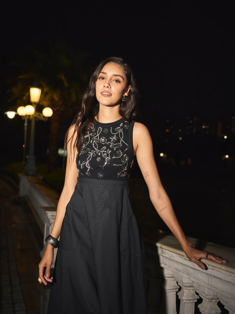 Black Embellished Ribbed Bodice Fit and Flare Midi Dress