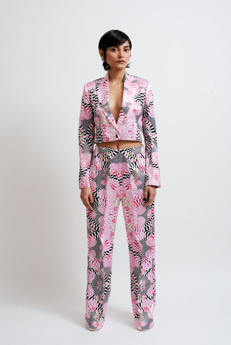 Multicolor Optical Print High-Rise Straight-Leg Trousers