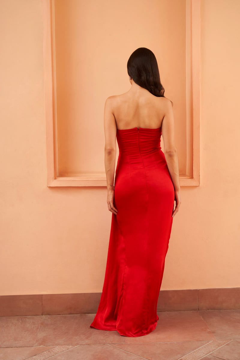Red Satin Sweetheart Neck Maxi Gown with Crystal Bust Detail