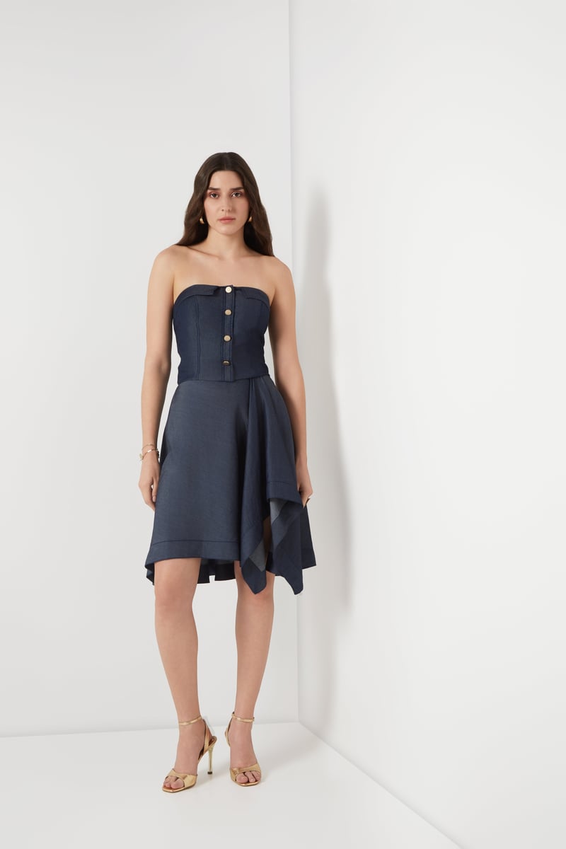 Navy Tencel Denim Drape Knee-Length Skirt