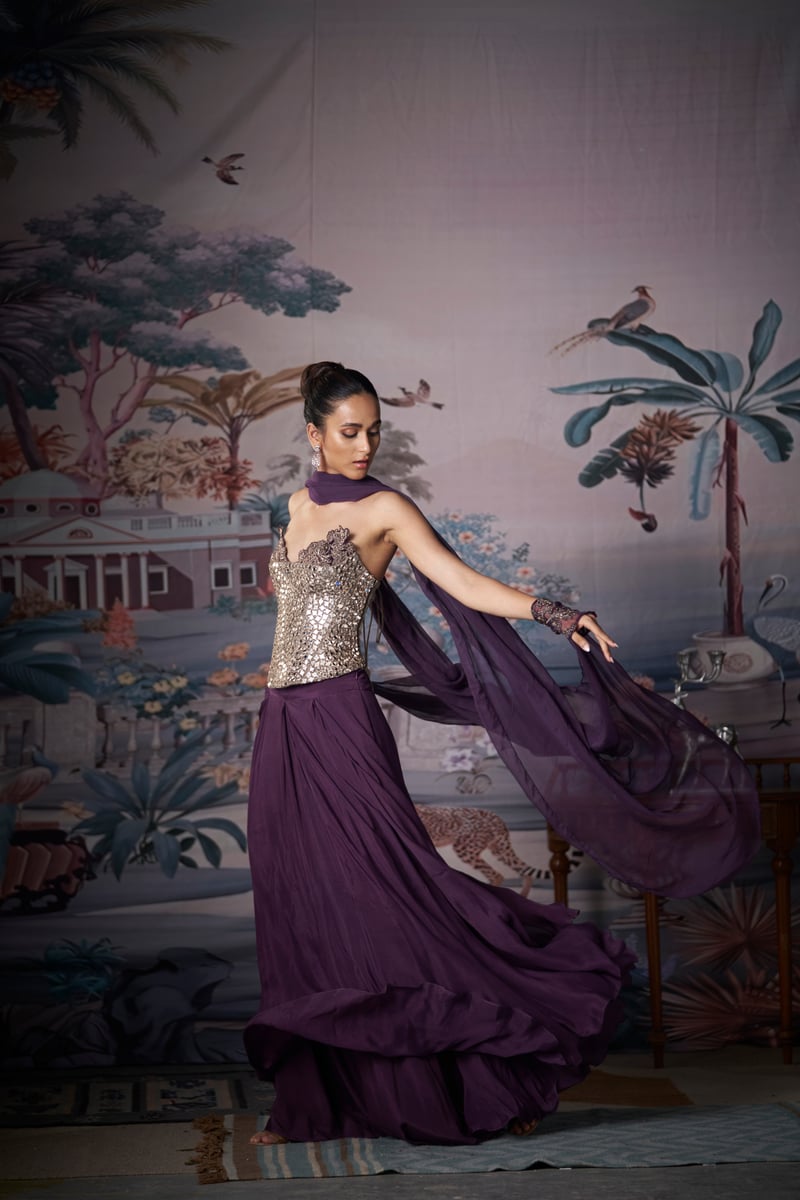 Purple Mirror-Work Corset Lehenga Set with Dupatta