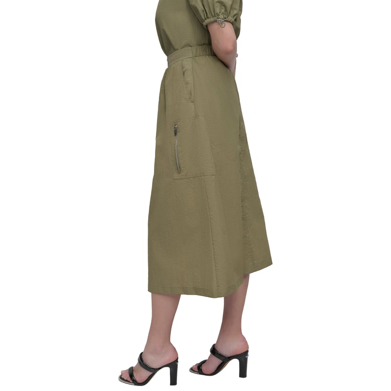 Utility Green Nylon A-Line Midi Skirt with Zip Pocket