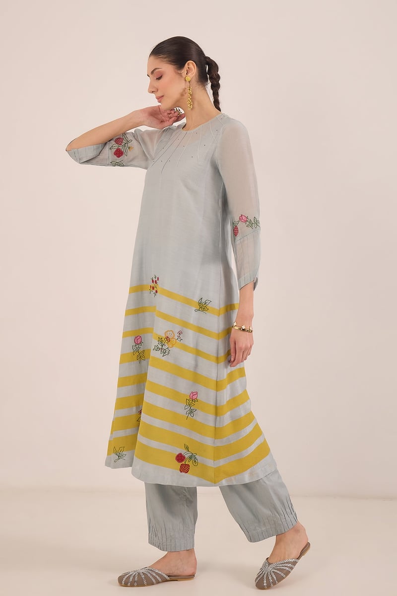 Powder Blue Chanderi Striped Embroidered Kurta Set