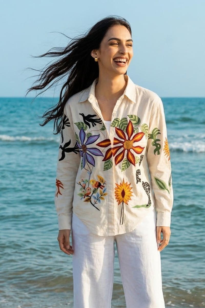 Beige Cotton Poplin Embroidered Button-Down Shirt