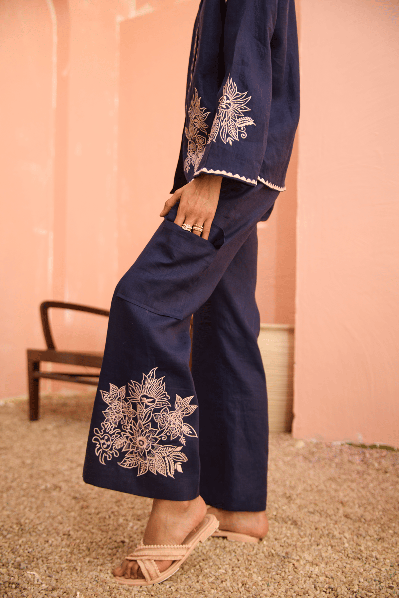 Navy Linen Embroidered Shirt and Flared Pants Co-ord Set