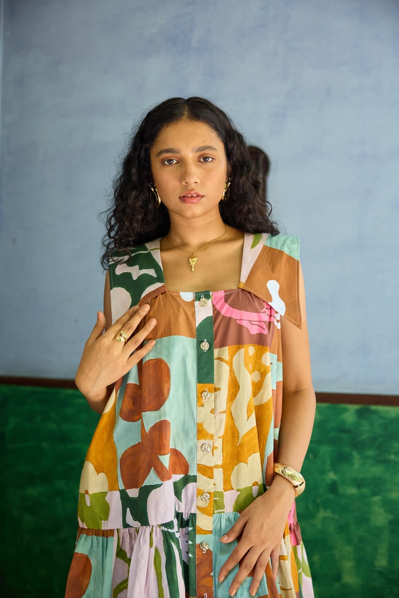 Multicolor Abstract Printed Poplin Tiered Mini Shift Dress