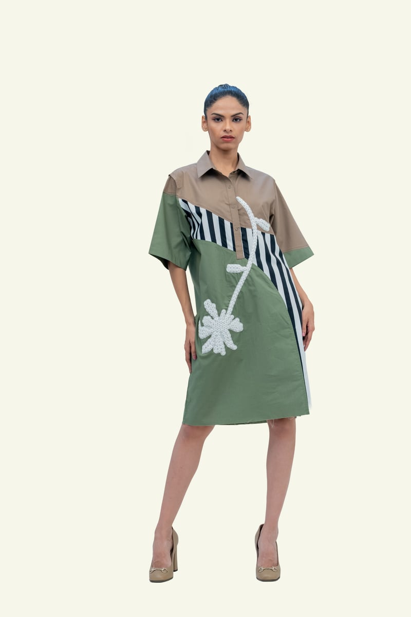 Olive Combo Cotton Dress with Embroidery