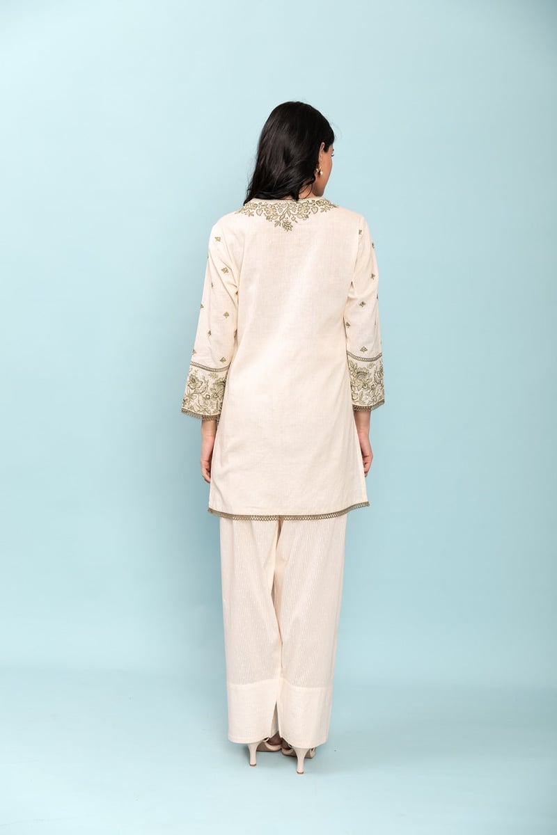 Ivory Short Kurta Set with Green Placement Embroidery