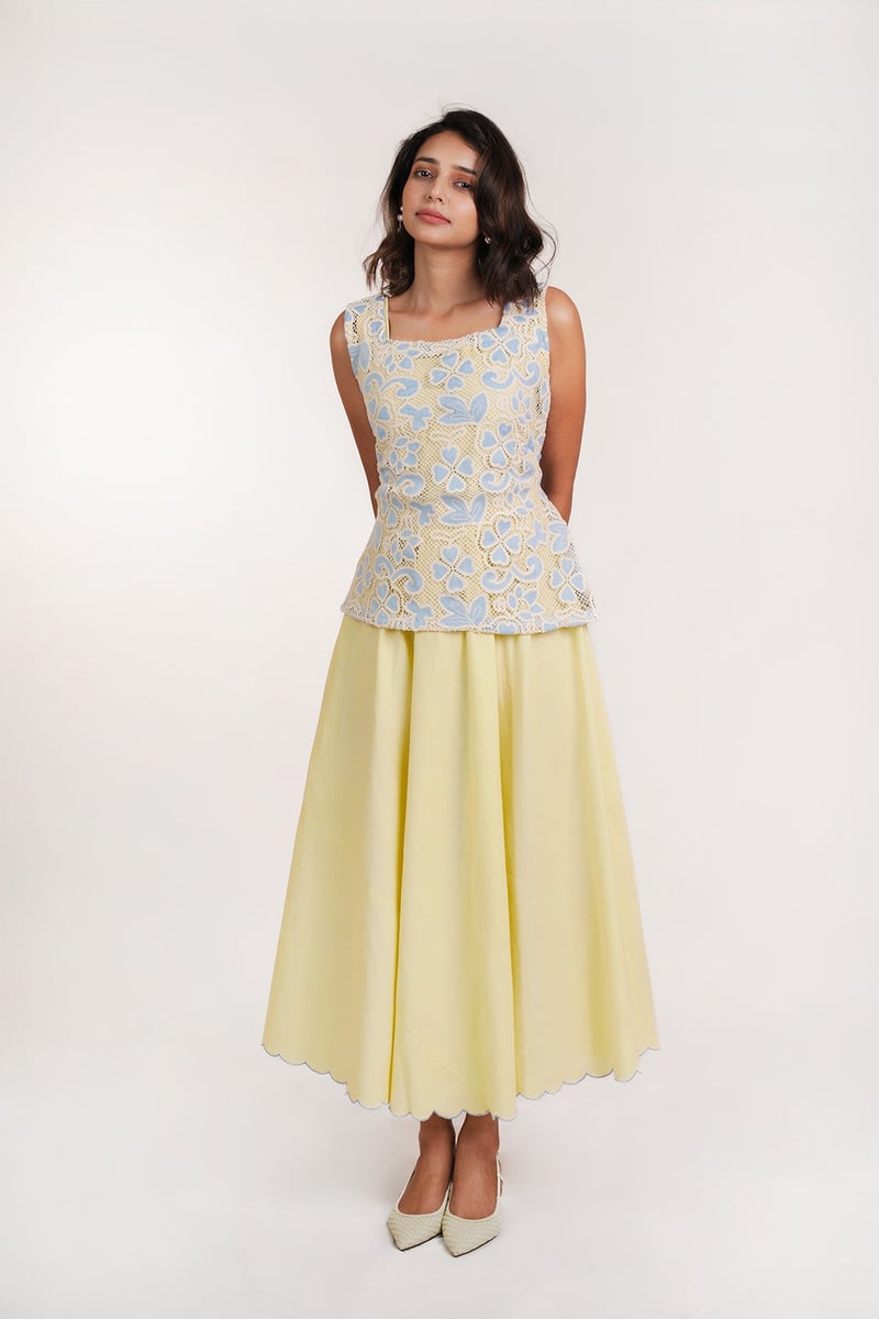 Yellow and Blue Floral Mesh Bodice Maxi Dress Set