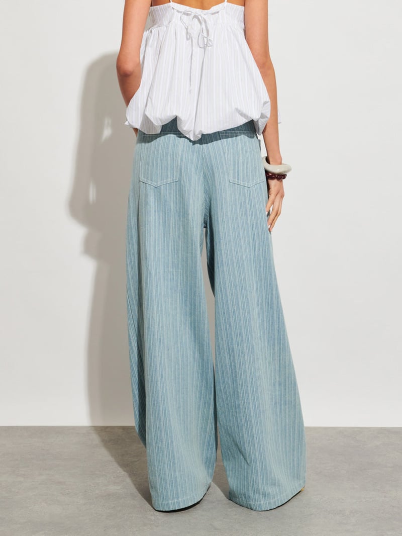 Washed Blue High-Waist Wide-Leg Cutwork Denim Jeans