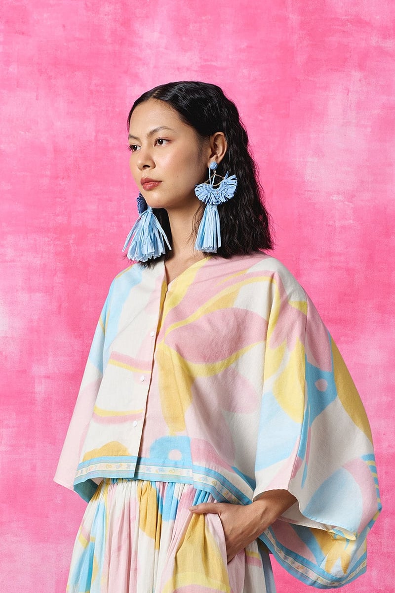 Multicolor Pastel Abstract Oversized Batwing Top
