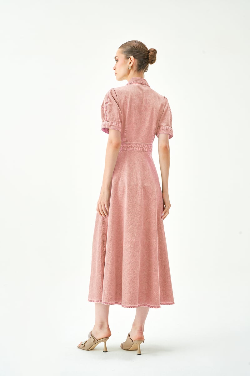 Pink Denim Collared Button-Front A-Line Midi Dress