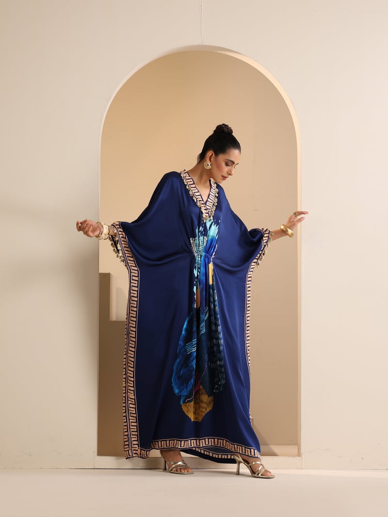 Blue Hand-Painted Abstract Modal Satin Kaftan