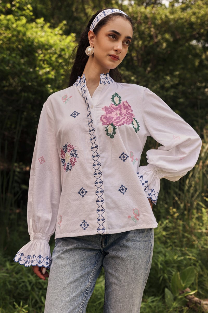 White Cotton Linen Embroidered Mandarin Collar Blouse