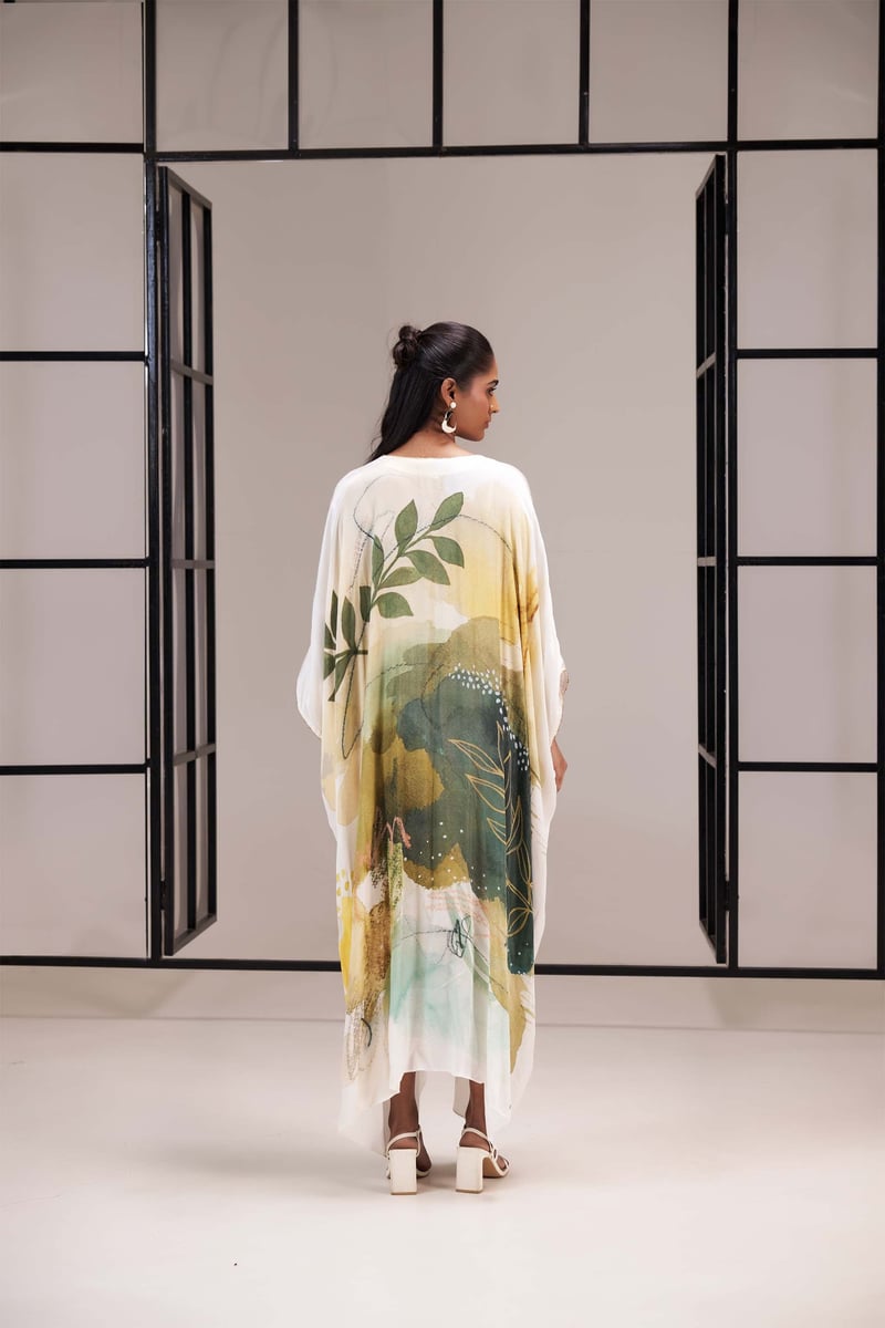 Multicolor Printed Crepe Satin Maxi Kaftan