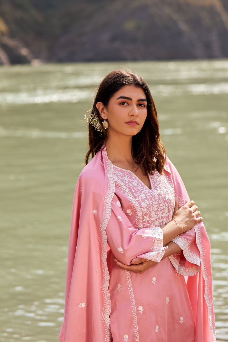 Pink Pure Cotton Embroidered Kurta Set with Dupatta