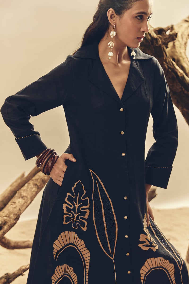 Navy Blue Linen Midi Shirt Dress with Abstract Hem Print