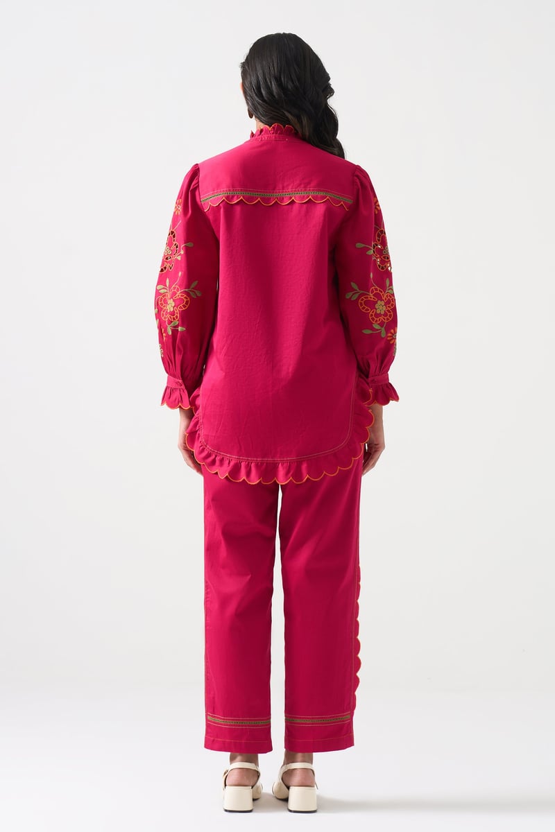 Hot Pink Embroidered Ruffle-Trim Mandarin Collar Shirt