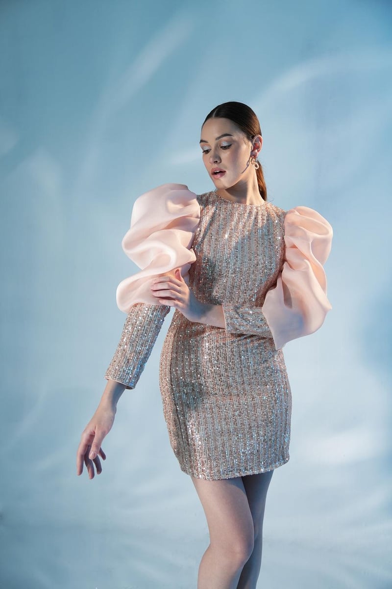 Champagne Sequin Sheath Mini Dress with Statement Sleeves — Label IRIS