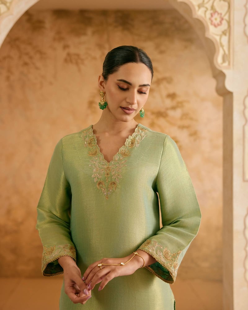 Aqua Chevron Tissue Straight Kurta Set with Narrow Pants