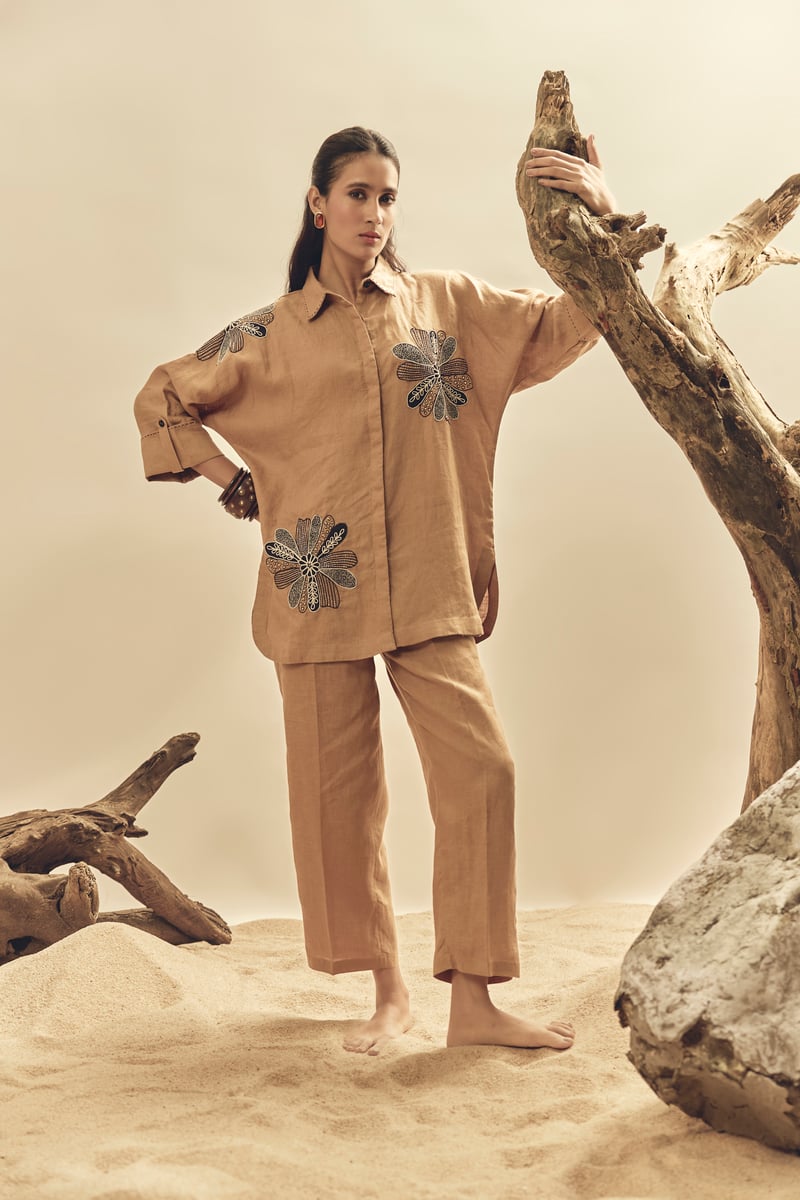 Camel Linen Embroidered Longline Shirt