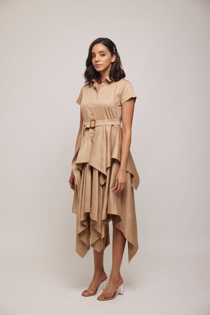 Beige-Gold Asymmetrical Layered Shirtdress with Belt