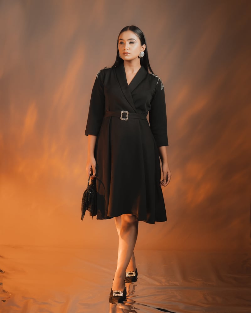 Black Fit and Flare Dress with Embellished Shoulders