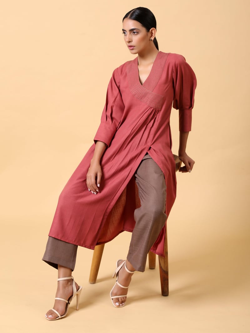 Rust Red Cotton Linen Straight Kurta Pant Set