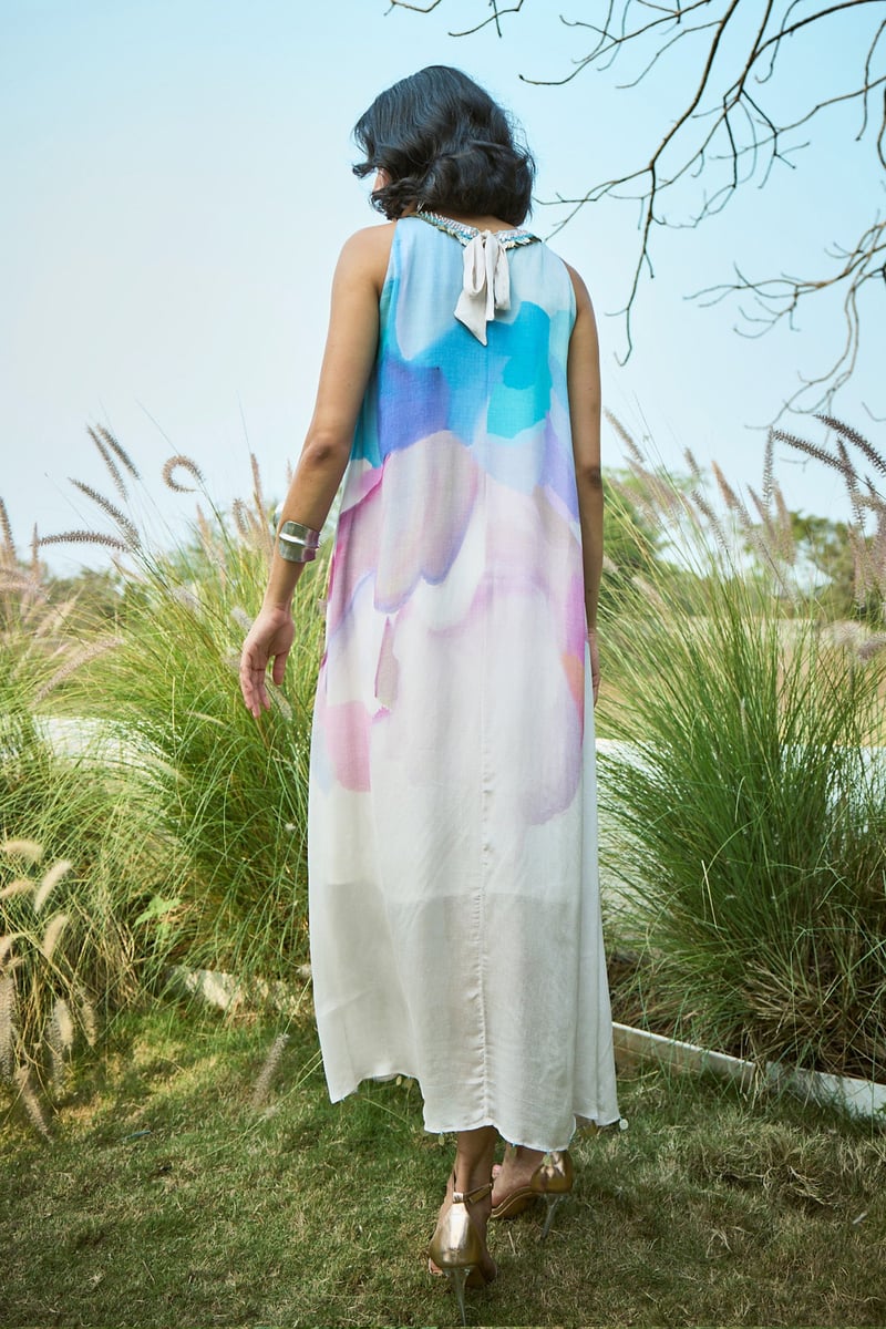 Off-White and Blue Ombre Printed Chiffon Maxi Dress