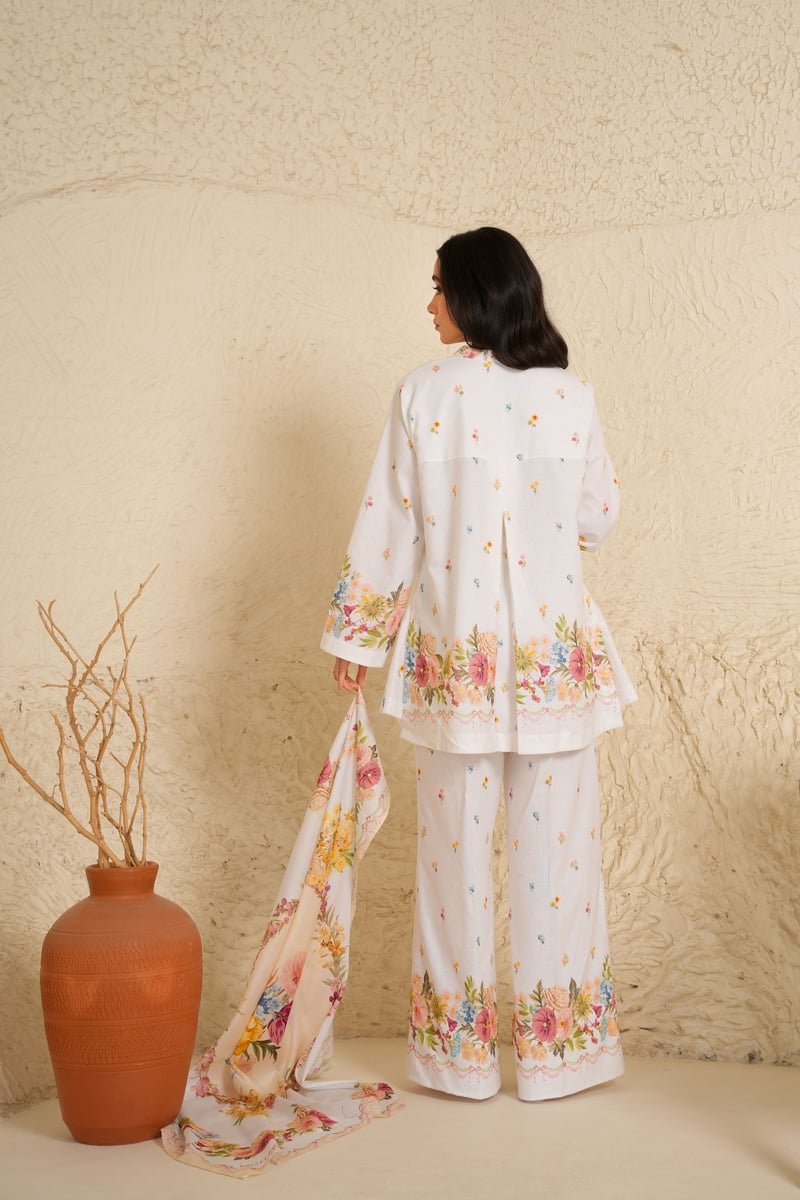 White Cotton Linen Floral Kurta and Trouser Set