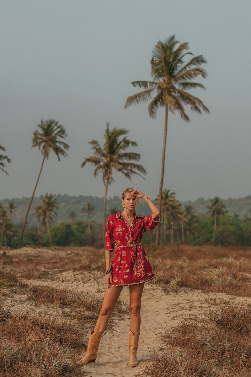 Green Linen Printed Button-Down Mini Shirt Dress