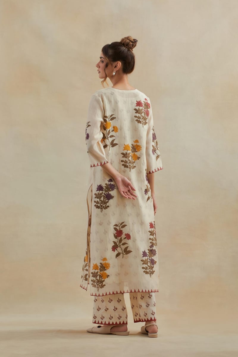 Beige Floral Block Print Straight Kurta Set with Dupatta