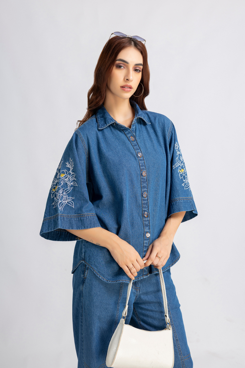 Blue Denim Embroidered Shirt and Pants Co-ord Set