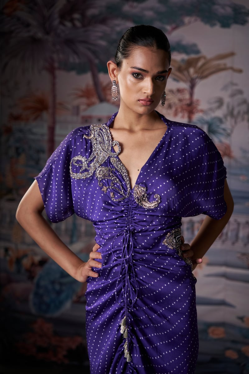 Purple Satin Printed Ruched Kaftan with Plunging Neck