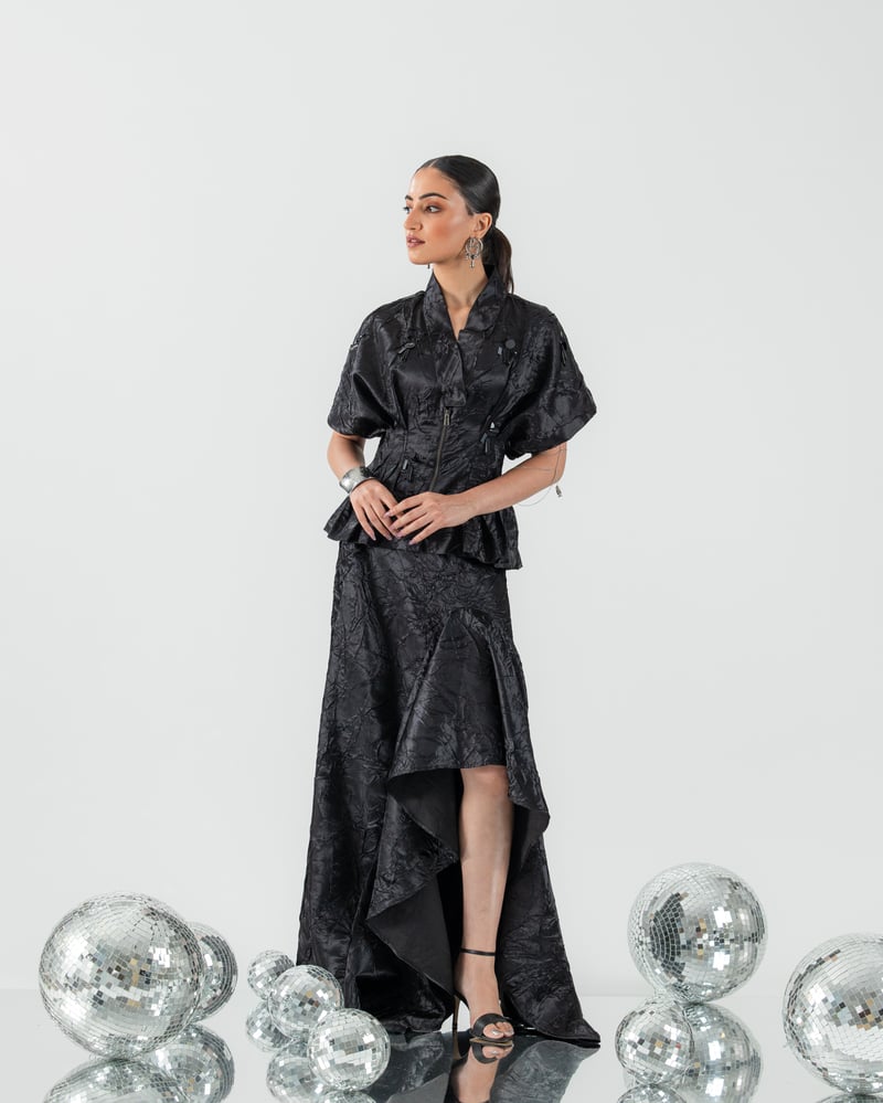 Black Textured Zip-Front Top and Maxi Skirt Co-ord Set — Ang-sa