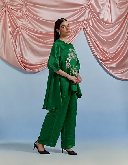 Forest Green Linen Satin Embroidered Top and Trouser Co-ord Set