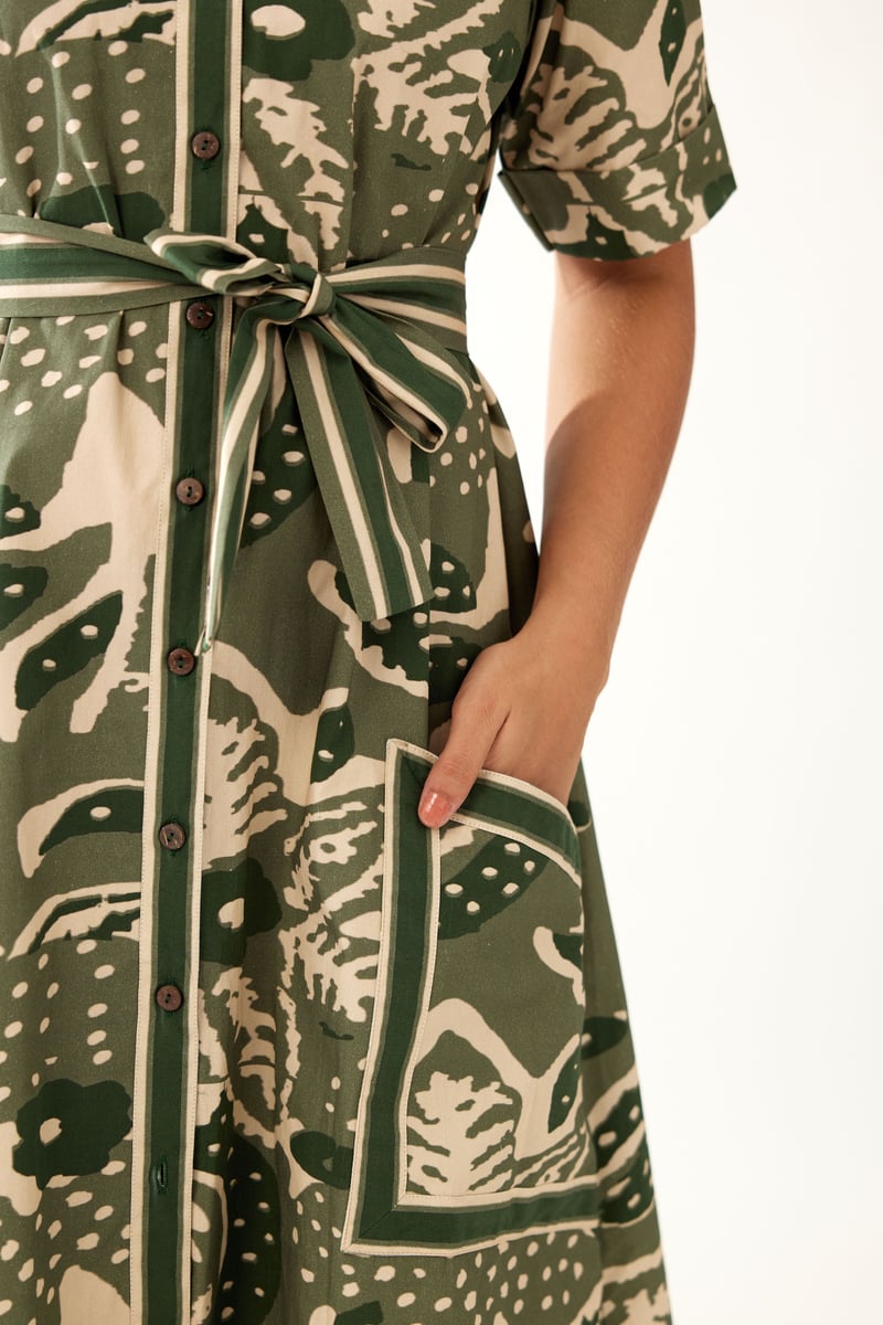 Green And Cream Floral Shirt Dress