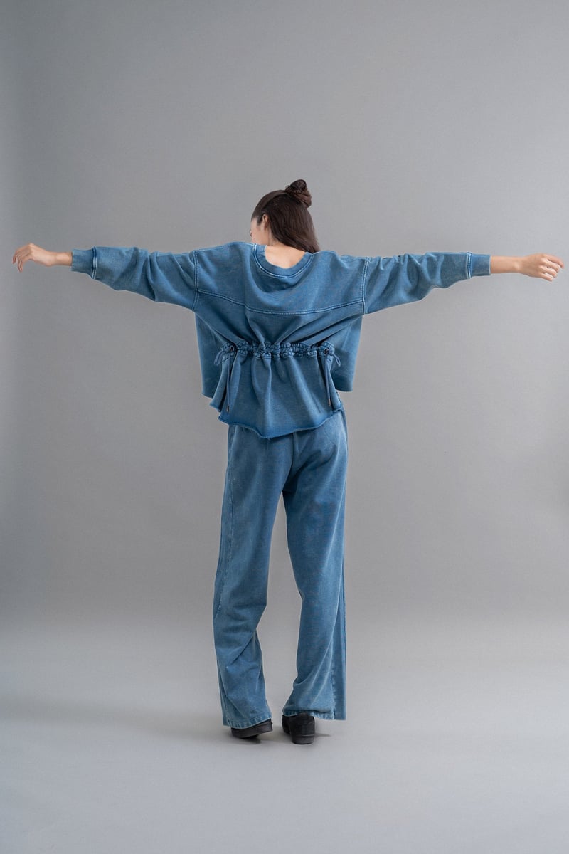 Blue Denim-Wash Ruched Back Cotton Terry Sweatshirt