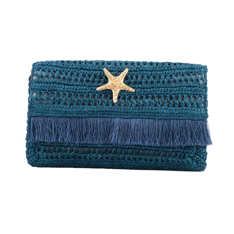 Jena Slim Raffia Clutch With Gold Emblem