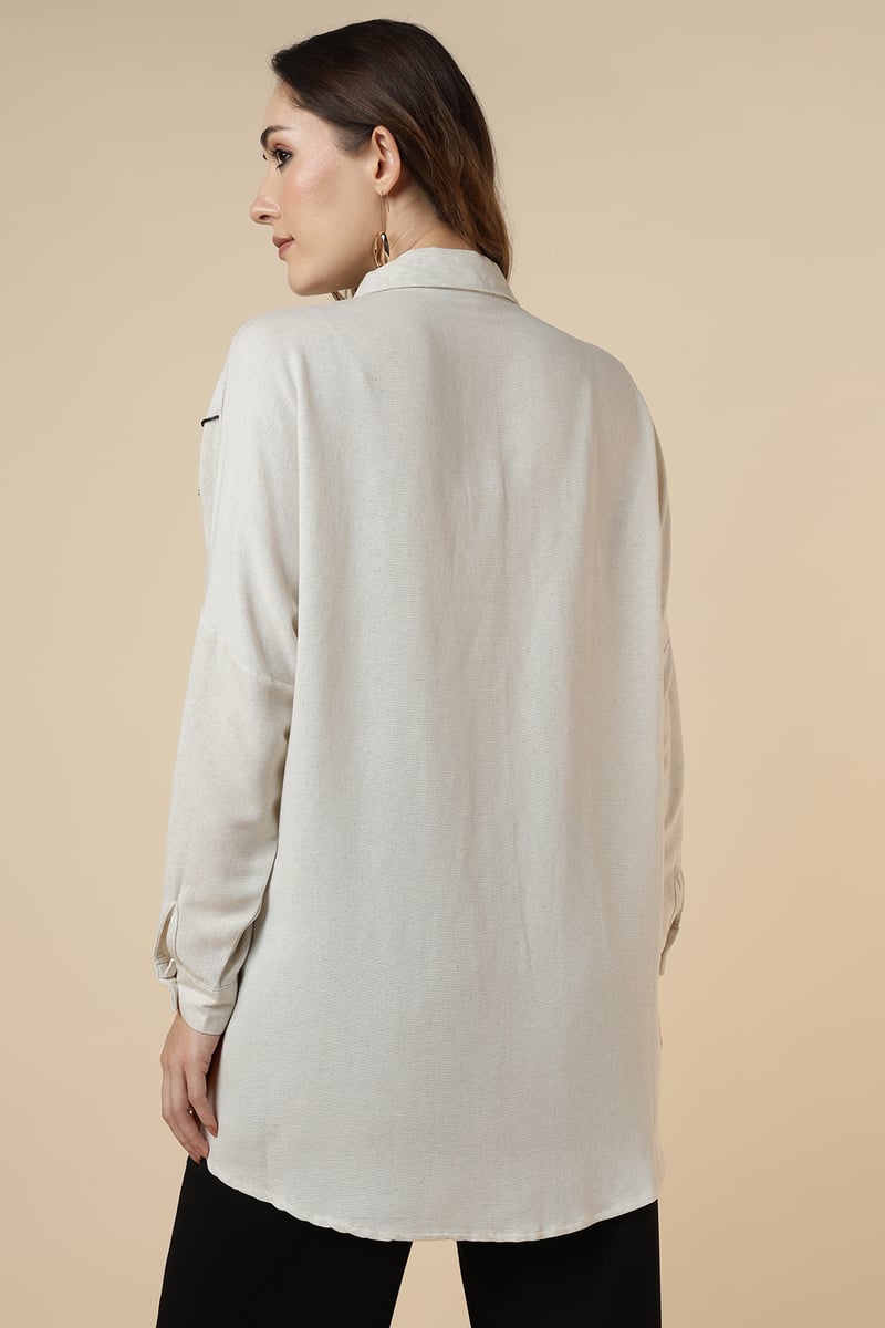 Natural Beige Embellished Longline Shirt