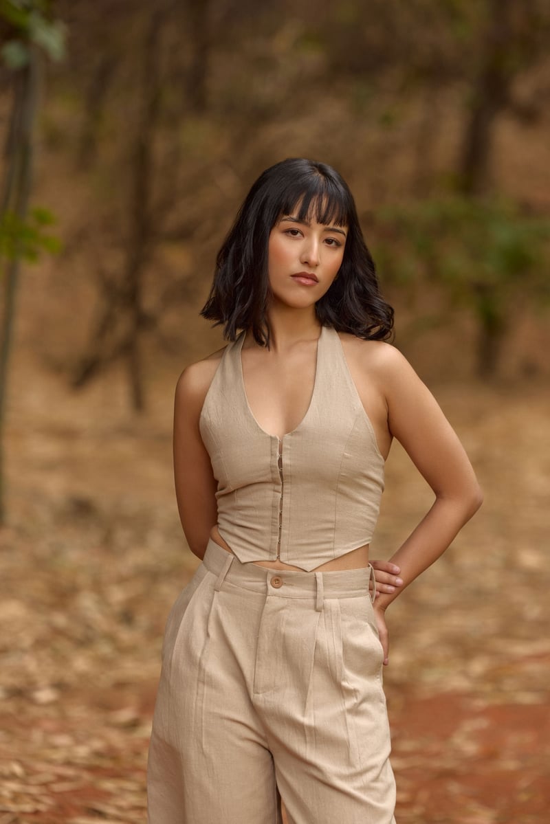 Beige Halter Neck Slim Fit Waistcoat