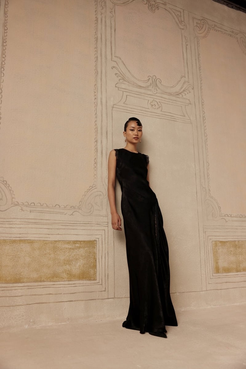 Black Satin Bias-Cut Maxi Gown with Lace Slit