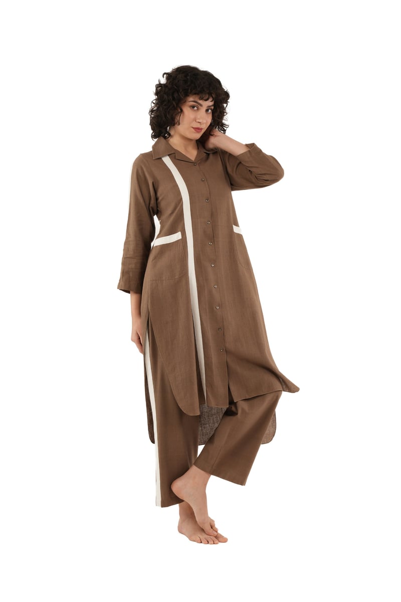 Brown Handwoven Cotton Kurta and Pant Co-ord Set