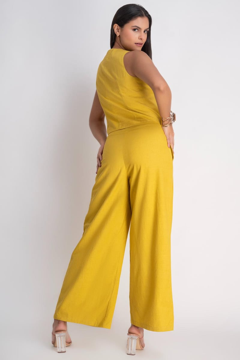 Mustard Waistcoat and Wide-Leg Pants Co-ord Set