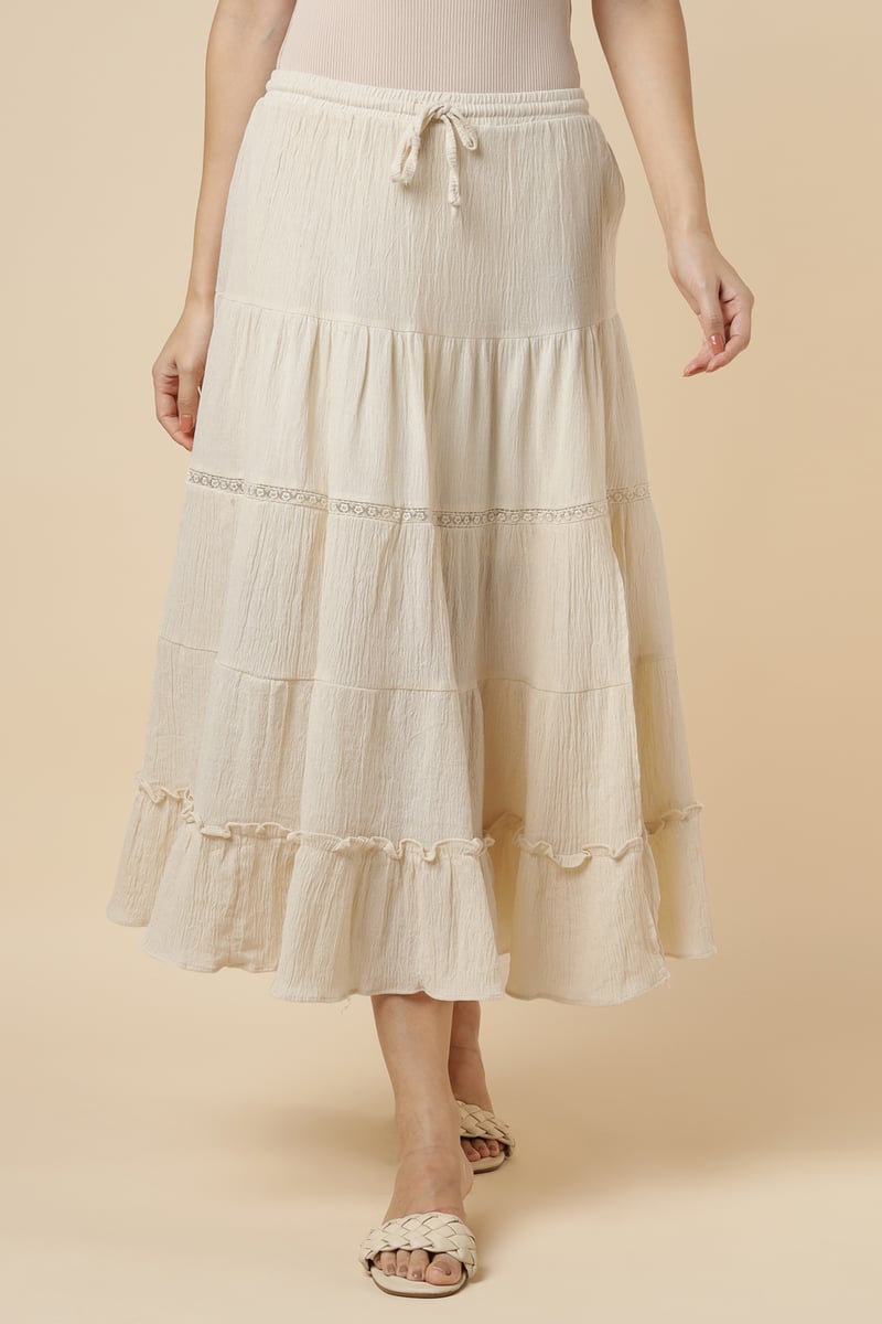 Natural Tiered Midi Skirt with Drawstring Waist