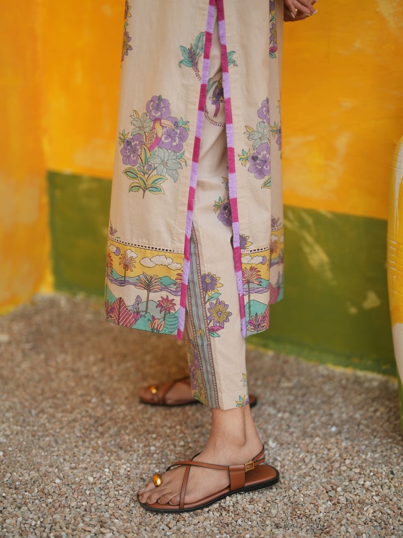 Dusty Lilac Tropical Printed Straight Long Kurta Set
